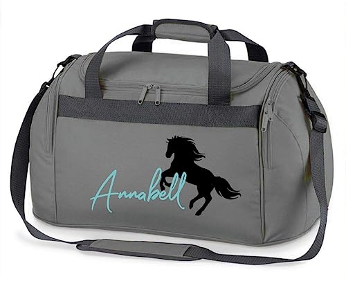 Reittasche mit Namensdruck personalisiert | Motiv aufsteigendes Pferd mit Name | Trage- und Sporttasche für Mädchen zum Reiten in vielen Farben verfügbar
