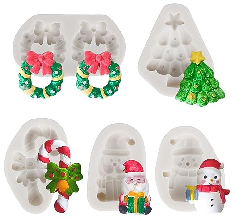 5Pcs Mini Silicone Baking Molds - Christmas Chocolate & Fondant Molds for Cake Decoration - Snowman, Santa, Wreath & Jelly Moulds