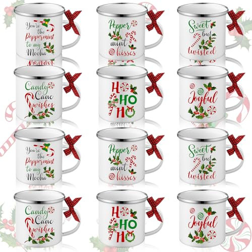 Shellwei 12-teiliges Weihnachts-Kaffeetassen-Set für Urlaub, Camping, 340 ml, Metall-Emaille, Kaffeetassen, Reisebecher, Weihnachtsdekoration, Geschenk für Zuhause, Abendessen, Geburtstag, Hochzeit