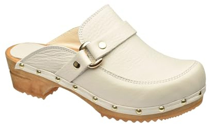Sanita Lillen offener Clog | Original handgemacht | Leder-Holzclogs für Damen | Nachhaltige Sohle | Weiß | 41 EU