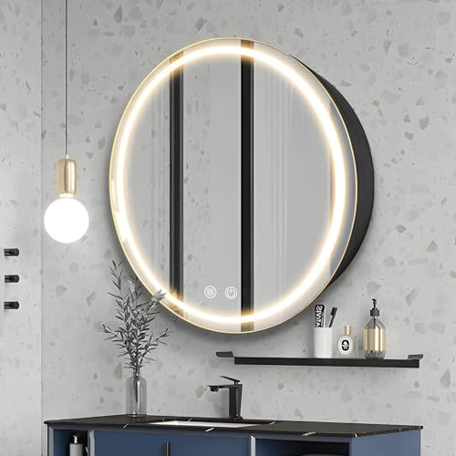 Janboe 71 cm runder Medizinschrank mit Lichtern, LED-Medizinschrank mit Entnebeler, beleuchteter Spiegelschrank für Badezimmer, dimmbar, beschlagfrei, 3000 K-6500 K Farbtemperatur
