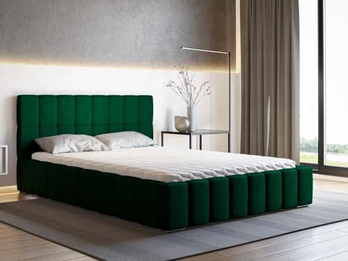 MARPUR Polsterbett ALMA mit Kopfteil, 160 x 200 cm, Doppelbett mit Bettkasten und Lattenrost aus Holz, Velourstoff: Grün