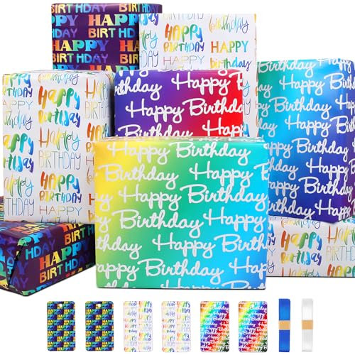 Papier Cadeau Set - Emballage Anniversaire pour Garçon, Homme, Enfant - Happy Birthday Wrapping Paper Coloré