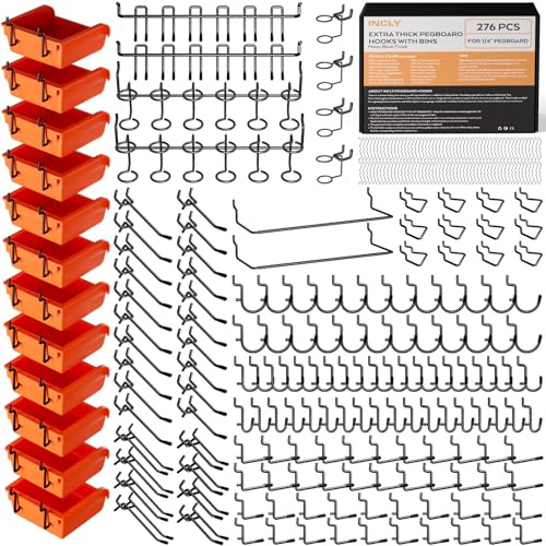 INCLY 276PCS Extra Thick 1/4 Pegboard Accessories Organizer Kit, Heavy Duty Black Pegboard Hooks with Bins & Paper Towel Holder, Peg Board Hook Assortment for Garage Wall Attachments Hanging Tools