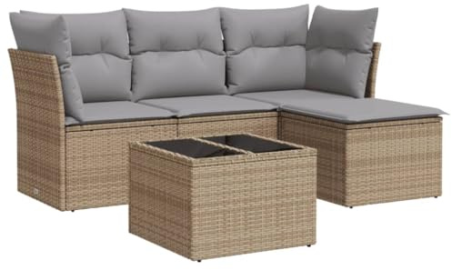 vidaXL 5-TLG. Garten-Sofagarnitur mit Kissen Beige Poly Rattan