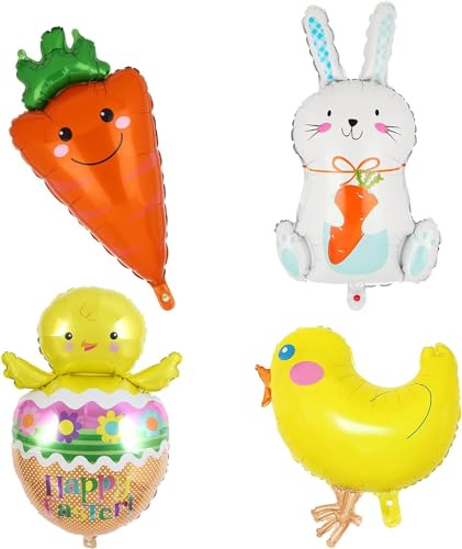 4 Stück Ostern luftballons Hase Karotte Küken Ostereier Folienballon Happy Easter Party Osterküken Carrot Hasen Egg Ballon Osterdekoration