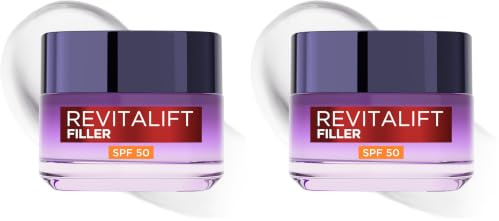 L’Oréal Paris - Soin Repulpant Intense Anti-âge FPS 50 - Crème de Jour à l’Acide Hyaluronique avec Protection UV - Rides & Ridules - Pour Tous Types de Peaux - Revitalift Filler - 50 ml (Lot de 2)