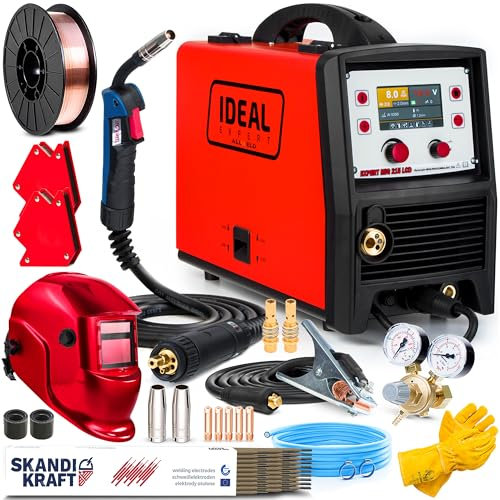 Ideal Expert MIG 215 LCD - Soldador Inverter Profesional 200A - MIG/MAG, MMA, TIG Lift - Sinergia - Soldadura por Puntos, Regulación de Inductividad - Antorcha Binzel MB15 - Set Premium