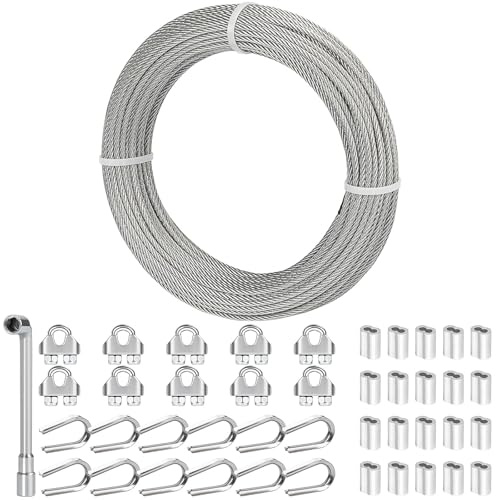TooTaci 3mm Drahtseil Edelstahl, 30M/3mm Stahlseil mit ösen, 20 Stück M3 Crimphülsen & 10 Stück M3 Seilklemme, 12 Stück Kauschen, 7×7 Edelstahlseil Spanndraht für Zaun, Gardinenseil, DIY Hängen
