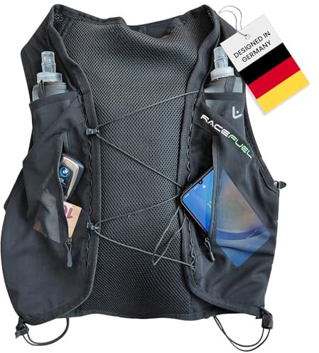 RaceFuel Ultraleicht Trinkrucksack, Trail Rucksack, Trinkweste, Hydration Pack Fahrradrucksack für Laufen, Wandern, Marathoner für 1,5L Trinkblase oder 500ML Wasserflasche/Softflask (Schwarz, L)
