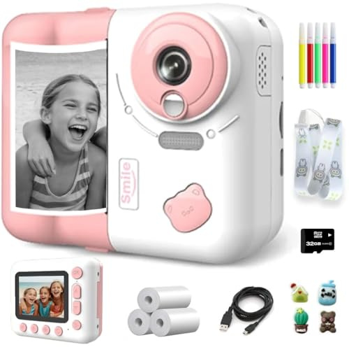 SMILE ITEMS Instant Camera Kids Digital Camera with Instant Printing, Includes 32GB Card, Printing Paper and Accessories. (Pink)