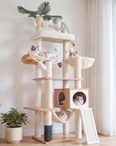 Heybly Holz Kratzbaum, für Indoor-Katzen, Katze Condo für große Katzen mit selbst Groomer, Moderne Katze Kratzturm mit Korb, Hängematte, Dangling Ball und Blätter, Walnuss HCT120WB
