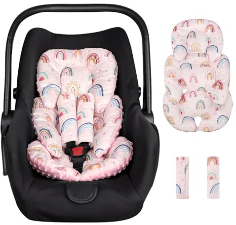 CARUILI Infant Car Seat Insert, Car Seat Head Support Baby Girls Boys, Soft & Reversible Newborn Carseat Insert Cushion with 2 Strap Covers, for Stroller, Swing, Bouncer (Pink Rainbow)