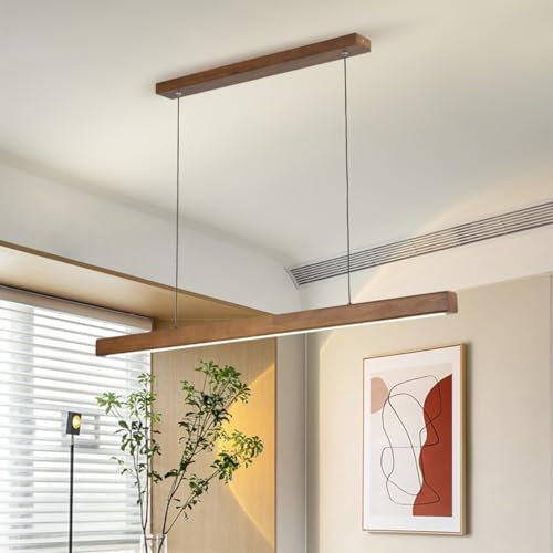 Lampe à suspension linéaire LED lampe à suspension en bois salle à manger moderne dimmable salle à manger avec télécommande lampe de cuisine hauteur réglable lampe en bois (Bois de pêche, L80cm)