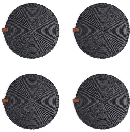 Darido 4er-Set Schwarze Tischsets, 32cm, Gewebte Baumwolle, Abwaschbar, Hitzebeständig, Handgefertigte Tischdeko für Weihnachten und Heimtextilien