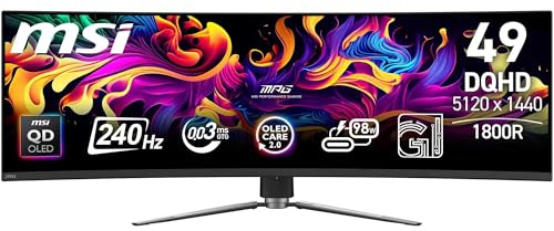 MSI MPG 491CQPXDE QD-OLED, 49 Zoll, DQHD, 5120x1440, 1800R, OLED-Monitor, 240 Hz, 0,03 ms, DisplayHDR True Black 400, G-SYNC™-kompatibel, HDMI™ 2.1, DP 1. 4a, USB C (98 W), höhenverstellbar, Schwarz