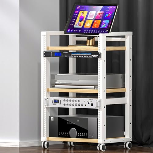 YQMHEZ Mobile stereo hi fi Rack HiFi, Rack Audio con ripiani regolabili in altezza a 3 livelli, Mobile stereo con ruote for amplificatore AV/Giradischi/Sky box/Stampante, Capacità di carico(White+log)