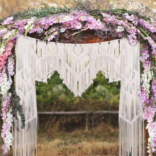 Grande tenture murale en macramé, toile de fond de mariage bohème, corde en coton naturel tissée à la main, rideaux de tapisserie en macramé Boho avec pompons, décoration artistique romantique for la