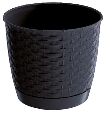 DIKEL Blumentopf ⌀30 cm | Übertopf aus Kunststoff in Rattan-Optik | Blumentöpfe mit Untertasse | Pflanzentopf für den Innen- und Außenbereich | Blumentopf witterungsbeständig | Anthrazit