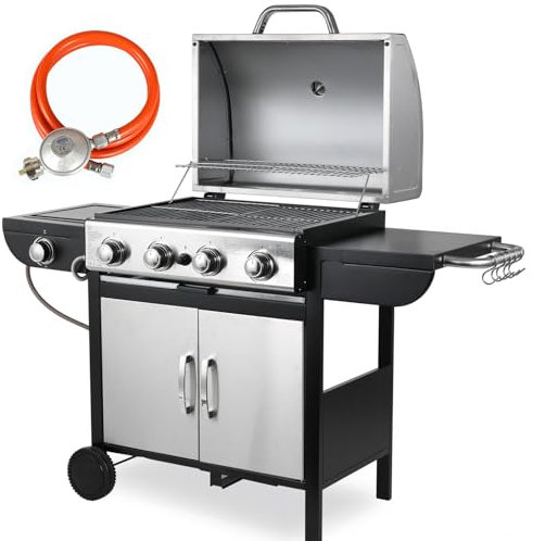4+1 Brenner Gasgrill Master mit 2 pcs Rad, 14.05KW Gasgriller Edelstahl mit Seitenkochfeld, BBQ Gas Grillwagen für Grillpartys Gärten Terrasse, Grillküche Große Grillfläche mit Thermometer,Impulszünd