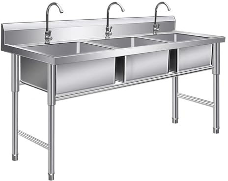 SJJALAKAJA 304 Stainless Steel Kitchen Sinks Triple Sink Design Commercial Freestanding Washbasin Raised Backsplash Household Washbasin R Rounded Corners Design for School Kitchen Restaurant