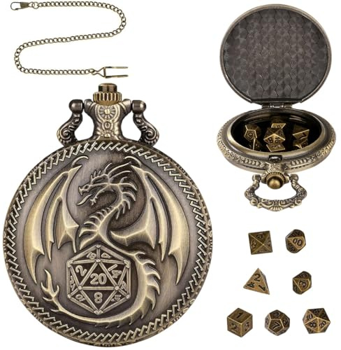 Mini DND Tärningsset, Dragonfickurbox, med 7 polyestertärningar, präglad drakmönster fickurfodral, rollspelstillbehör, för resor, fester, Brons