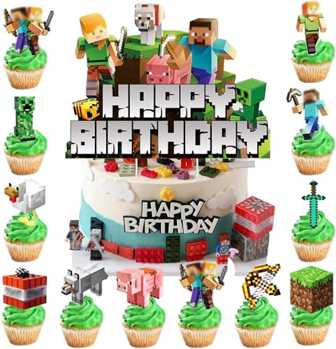 26 Pieces Cake Cake Decoration Children's Birthday - Cake Decoration Set with Cake Topper and Cupcake Decoration for Theme Parties (Children's Motifs, Colourful, Reusable)