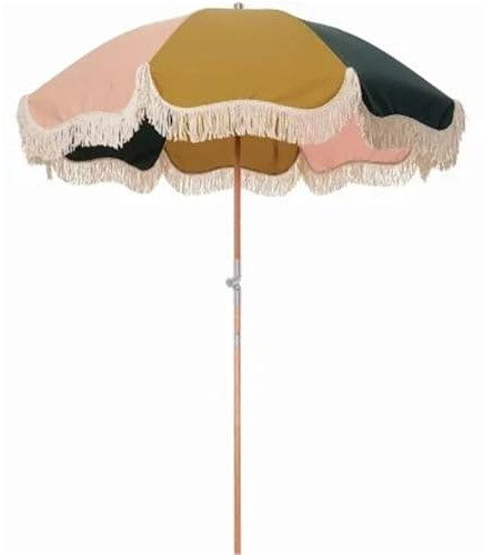 Parasol de plage à franges, 2,4 m, auvent vintage de luxe portable avec pompons, design en bois personnalisé, pare-soleil d'extérieur pour terrasse, jardin et plage