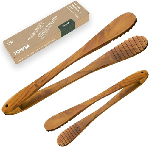 Teak Wood Tongs for Cooking & Salad Serving (9 & 12, Set of 2) | Wooden Tongs for Food, Bacon, BBQ, Charcuterie, Kitchen | Non Stick & Scratch