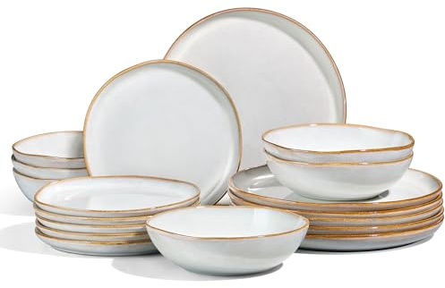 Joyfair Geschirrset 6 Personen, 18-tlg Steinzeug Tafelservice Set, Unregelmäßig Rund Geschirr Set mit Speiseteller, Dessertteller, Müslischalen, Mikrowellen- & Spülmaschinenfest, Reaktives Muschelweiß