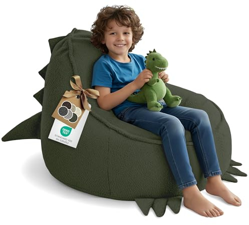 DreamRoots Sitzsack Kinder Bouclé, Dino Form, Kindersessel, Dunkelgrün | 315 g/m², OEKO-TEX, mit Schaumstoffflocken, Sessel Kinderzimmer, Waschbarer Bezug