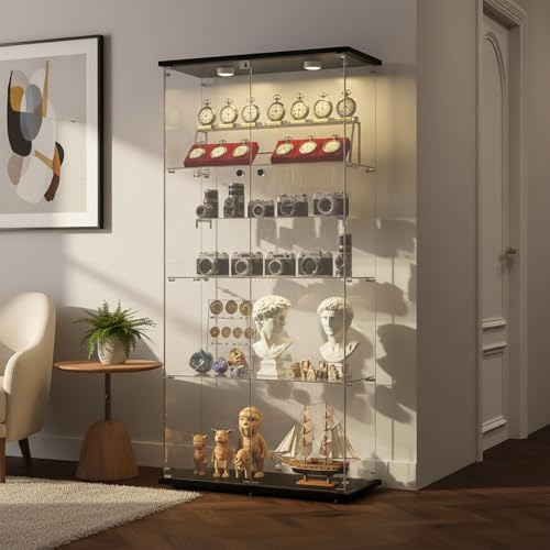 GAWYOEX Vitrine Glas mit LED, 164.5cm Groß Standvitrine, 2 Tür 4 Lagen Glasvitrine Stehend Vitrinenschrank Sammlervitrine Hochschrank für Wohnzimmer, Schlafzimmer, Büro (2 Tür 4 Lagen, Schwarz)