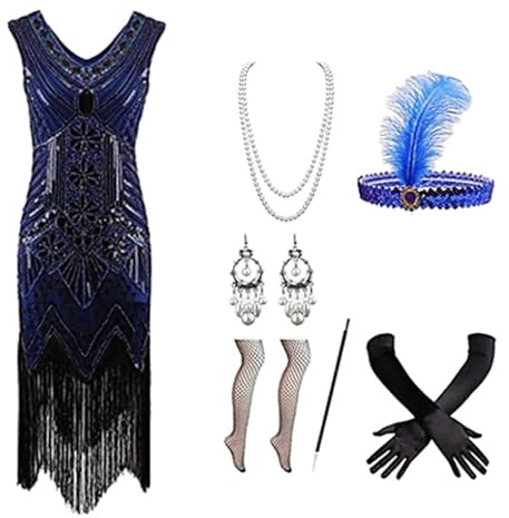20er Jahre Kleid Damen mit Accessoires Set – Elegantes Charleston Flapper Outfit mit Pailletten & Fransen, ideales 20er Jahre Kostüm für Karneval, Fasching & Party