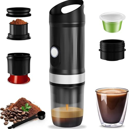 Irishom Macchina per Espresso Portatile 3 in 1, Caffettiera Elettrica Ricaricabile 20 Bar con Riscaldamento Autonomo Rapido, Compatibile con Capsule e caffè Macinato per gite, lavoro, campeggio (Nera)