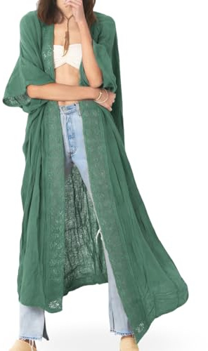 Lifetooler Kimono de Playa Vestidos de Baño Mujer Respirable Cardigan Largo Verano Caftan de Mujer Bikini Cover Up Grande Elegante (Verde)