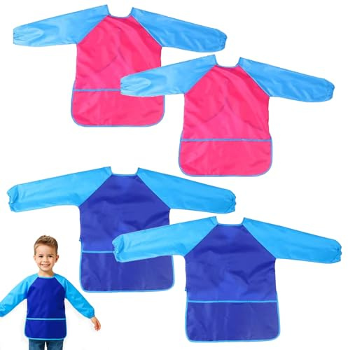 Girihe 4PCS Kids Painting Apron, Waterproof Children Toddler Art Smock with Long Sleeves and 3 Roomy Pockets, Age 2-5 Years Boys and Girls Play Apron for Painting, Cooking, Baking
