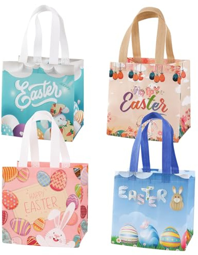 4 PCS Easter Gift Bags for Kids, Easter Bunny Egg Bags Non-Woven Reusable Bag with Handles, Easters Egg Hunt Basket, for Chocolate, Sweets, Treats and Candy Party Favors, Eggs Hunt Party Supplies