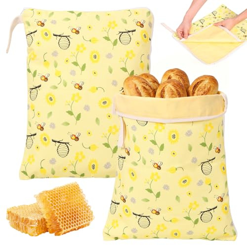 2 pièces de sacs à pain en cire d'abeille 43 cm × 33 cm, sac à pain réutilisable pour conserver au frais avec fermeture éclair en L et poignée, sacs à pain en cire d'abeille naturels pour le pain