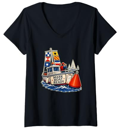 Femme Mark Boat Ready Voile Régate Bouée T-Shirt avec Col en V