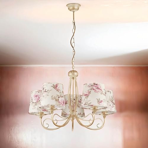 Licht-Erlebnisse Kronleuchter mit Schirm romantisches Design Metall Stoff 5-armig CRINE Esstischlampe Pendelleuchte