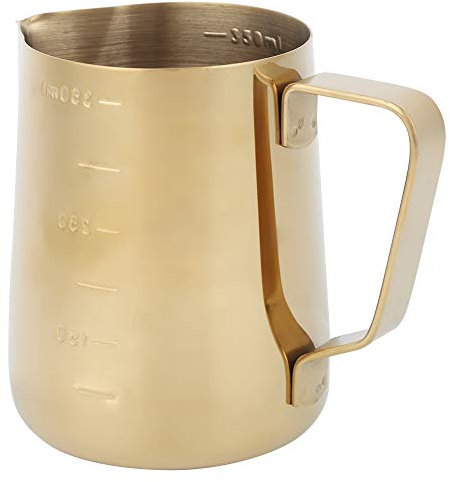 Tasse à lait en acier inoxydable, tasse à café au lait avec poignée ergonomique Le pichet à lait a une échelle de mesure claire pour le café(Golden, 350ML (with scale))