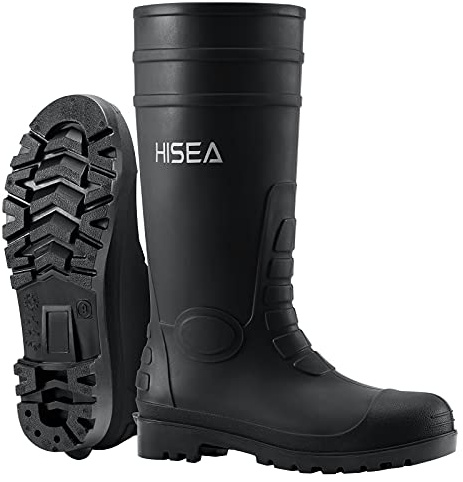 HISEA Men's Steel Toe Rain Boots PVC Rubber Boots, Waterproof Garden Fishing Outdoor Work Boots, Durable Slip Resistant Knee Boots for Agriculture and Industrial Working, Black Size 9