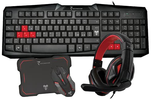 Kit Gaming TECHMADE 4 en 1 Teclado cómodo y silencioso – Ratón con Sensor óptico – Cúfes con Conector Jack Pad