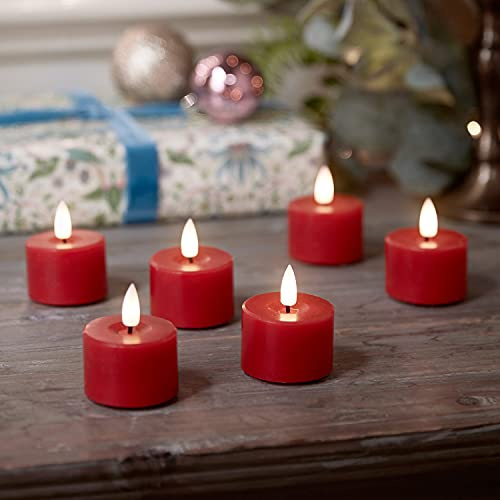 Lights4fun TruGlow® 6er-Set Teelichter-Kerzen | warmweiße LEDs | mit Timerfunktion | Batteriebetrieben | Weihnachten Advent Christfest | Echtwachs flackernde Flamme Klein | Höhe 3 cm | Rot