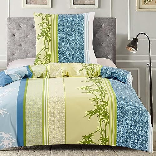 HENGWEI Bettwäsche 135x200 2teilig Set Oeko-TEX Zertifiziert, Extraweiches Grün Bettwäsche-Sets für Einzelbett Hochwertiges Microfaser Bettbezug mit Kissenbezug 80x80cm, Grüne Bambusblätter