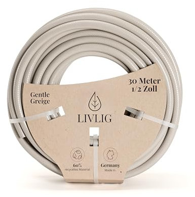 LIVLIG Gartenschlauch 30m, Gartenschlauch 1/2 Zoll Made in Germany, Wasserschlauch 30m aus recyceltem PVC, formstabil, Farbe: Greige