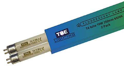 TBE Lighting T4 - Lámparas de tubo fluorescente de 10 W, 352 mm, 2 unidades de bombillas CFL, G5 de 2 pines, lámparas de alta eficiencia, luz de día blanca 6500 K