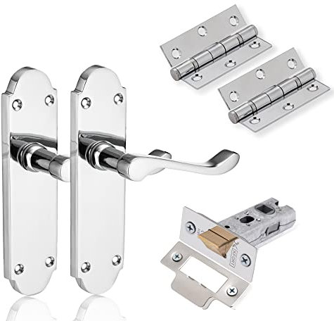 XFORT Chrome Elegance Range Polished Chrome Richmond Lever Latch Door Pack, Complete Set with Door Handles, 65mm Tubular Latch and 75mm Ball Bearing Hinges, for Internal Wooden Doors.