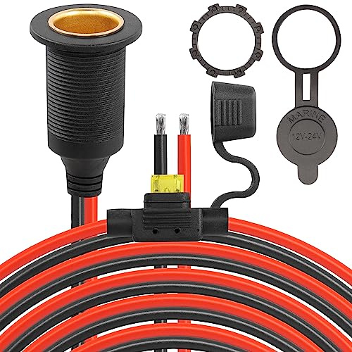 CERRXIAN 12V/24V Fixed Thread Cigarette Lighter Socket Extension Cable,20A 13AWG Waterproof Cigarette Lighter Female Socket Replacement Cable-2M