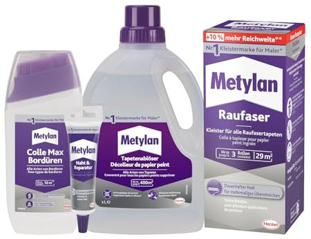 Metylan Raufaser, Tapetenkleister (1x180g) & Metylan Bordüren Klebstoff (1x250g) & Metylan Naht- und Reparaturkleber (1x60g) & Metylan Tapetenablöser Aktiv-Konzentrat (1x 1l)